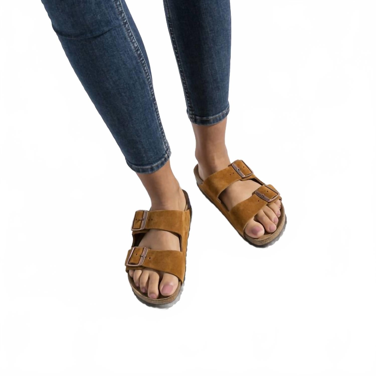 Women's Arizona Narrow Sandal In Taupe Suede Shimmering