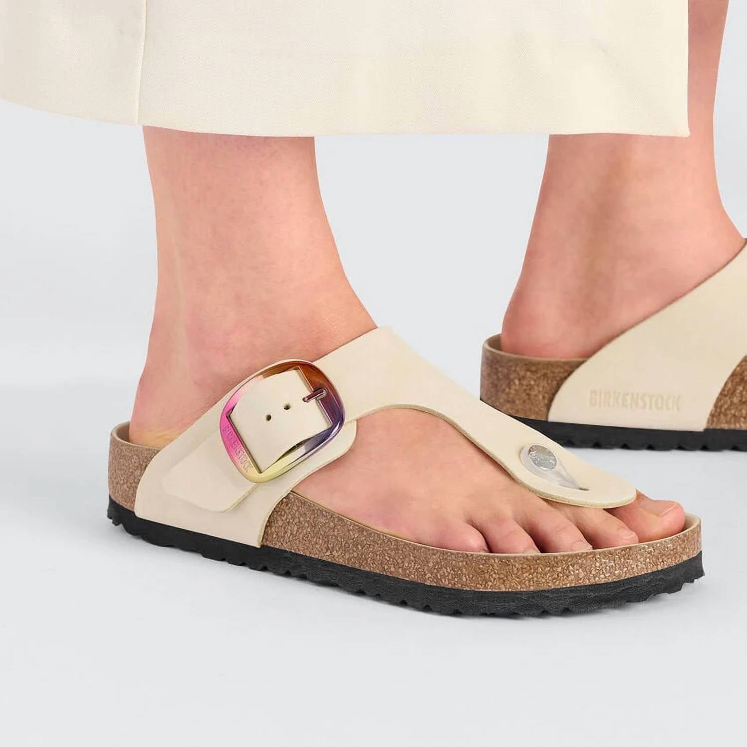 Women's Gizeh Big Buckle Nubuck Leather Sandals In Iridescent Ecru