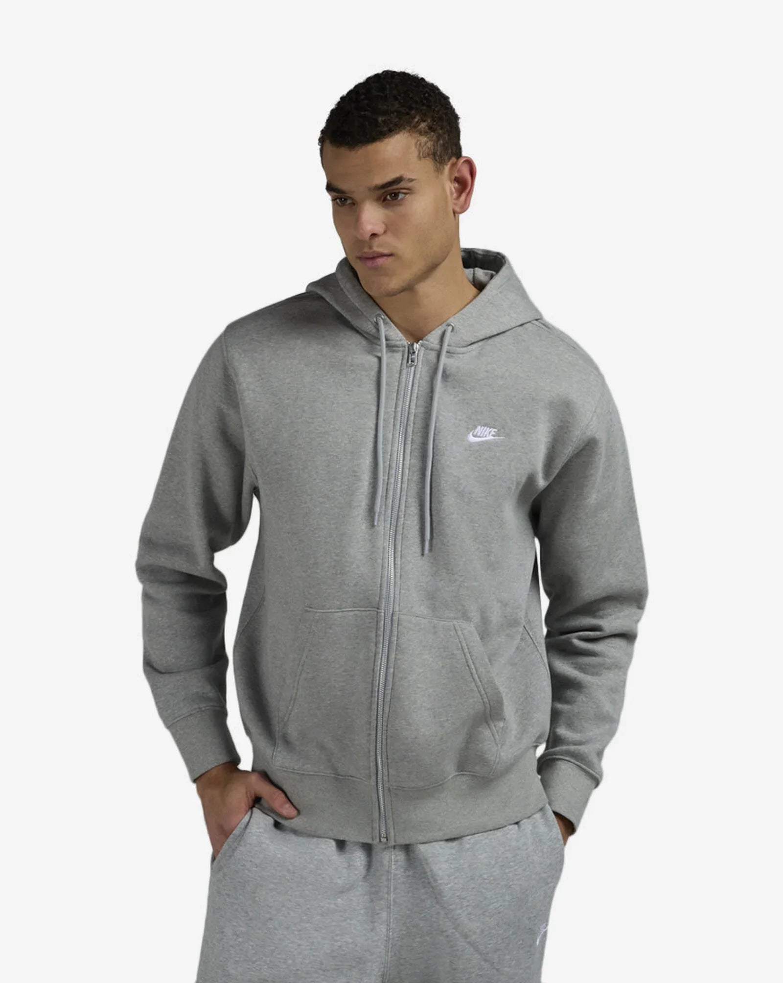 Men's Nike Club Full-Zip Fleece Hoodie -Dark Grey Heather/Light Smoke Grey/White